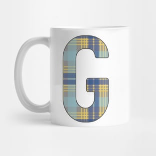 Monogram Letter G, Blue, Yellow and Grey Scottish Tartan Style Typography Design Mug